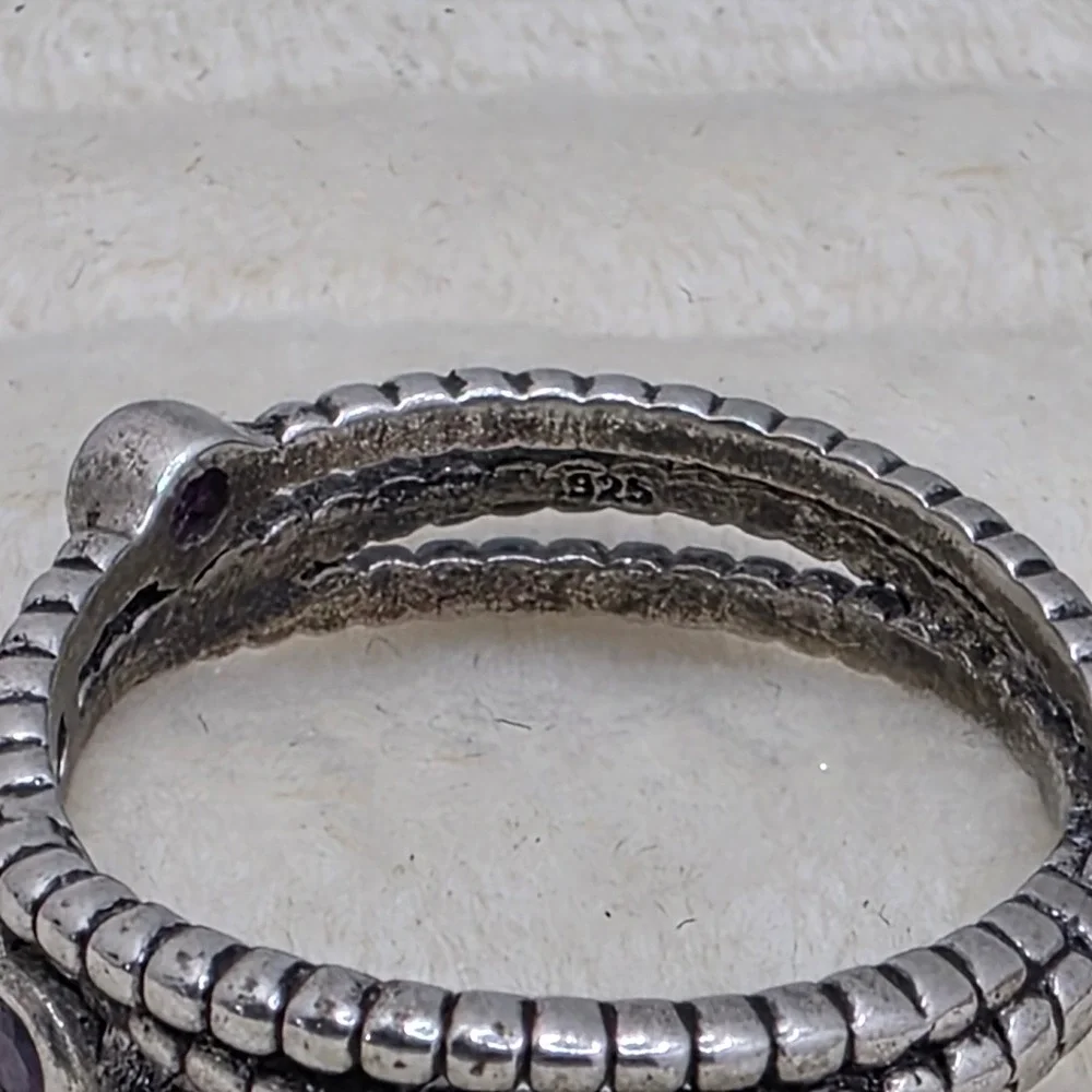 Vintage 925 Sterling Silver Purple Rhinestone Braided Triple Band Ring Size 8